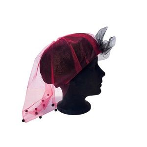 VINTAGE Mid Century Goth Crimson Black Veiled Velvet Hat 1950s